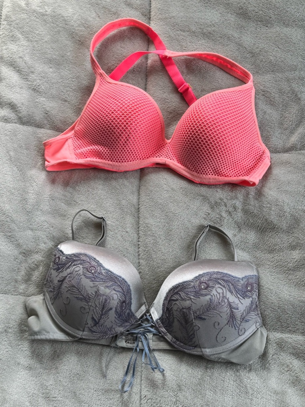 2 Bra Set XOXO Coral Pink Mesh Bra & Ambrielle Silver Lace-Accent